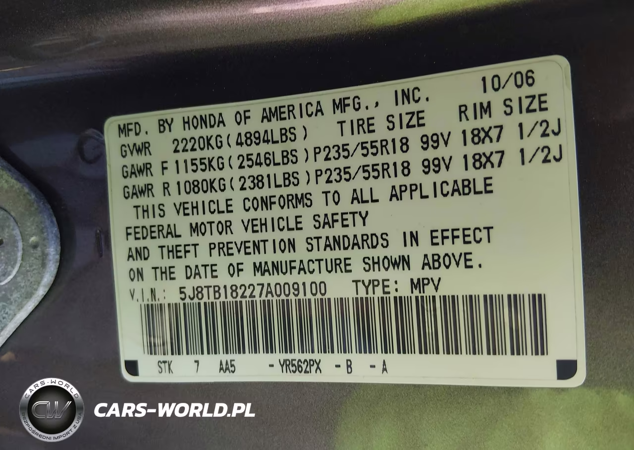 2007 Acura Rdx VIN:5J8TB18227A009100 - 9