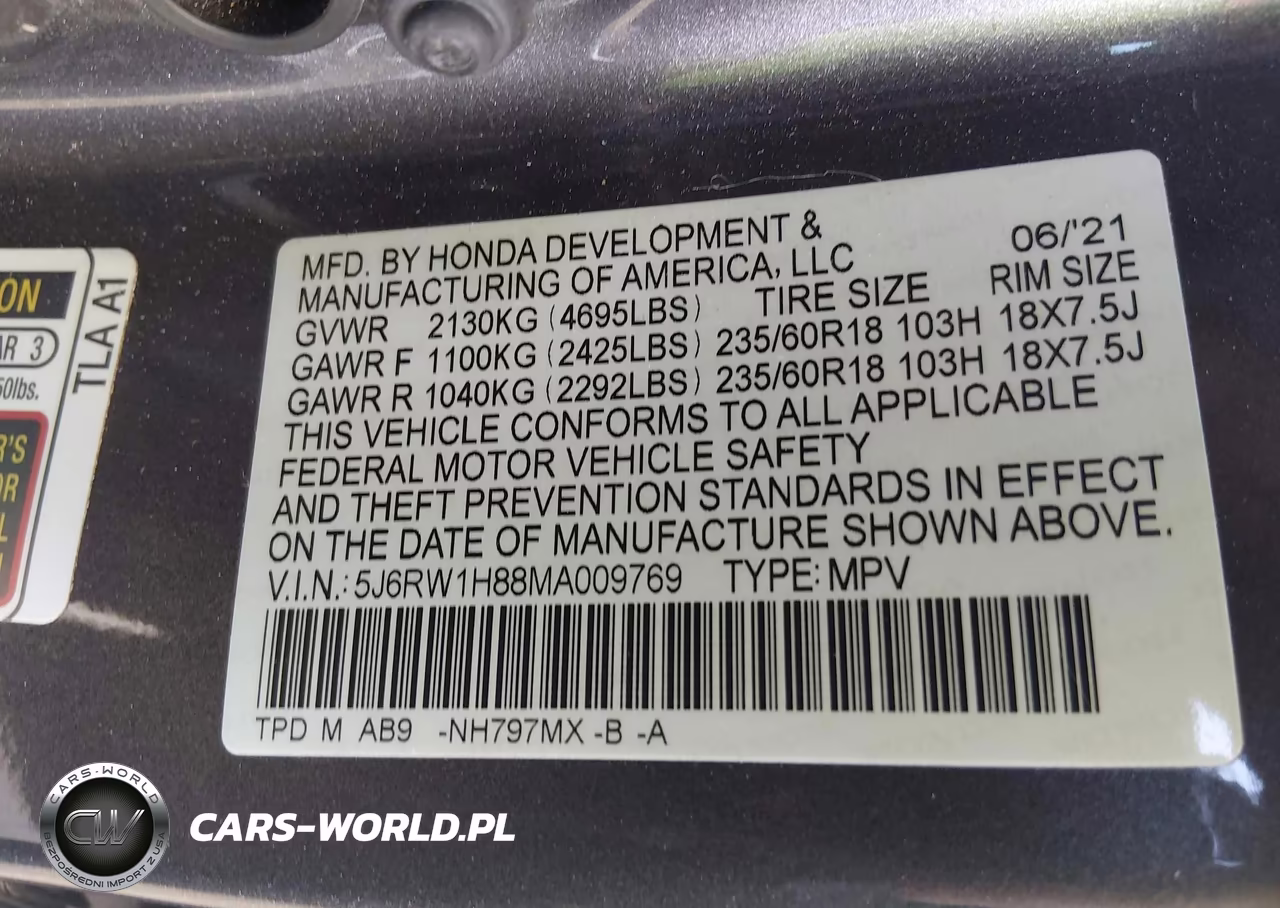 2021 Honda Cr-V 2Wd Ex-L VIN:5J6RW1H88MA009769 - 9