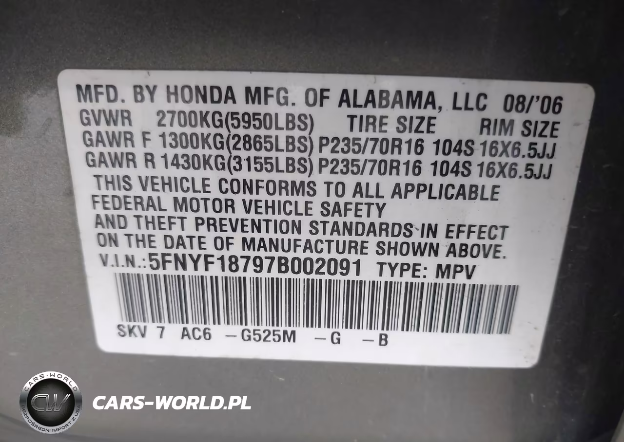 2007 Honda Pilot Ex-L VIN:5FNYF18797B002091 - 9