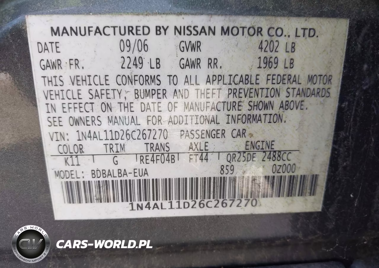 2006 Nissan Altima 2.5 S VIN:1N4AL11D26C267270 - 9