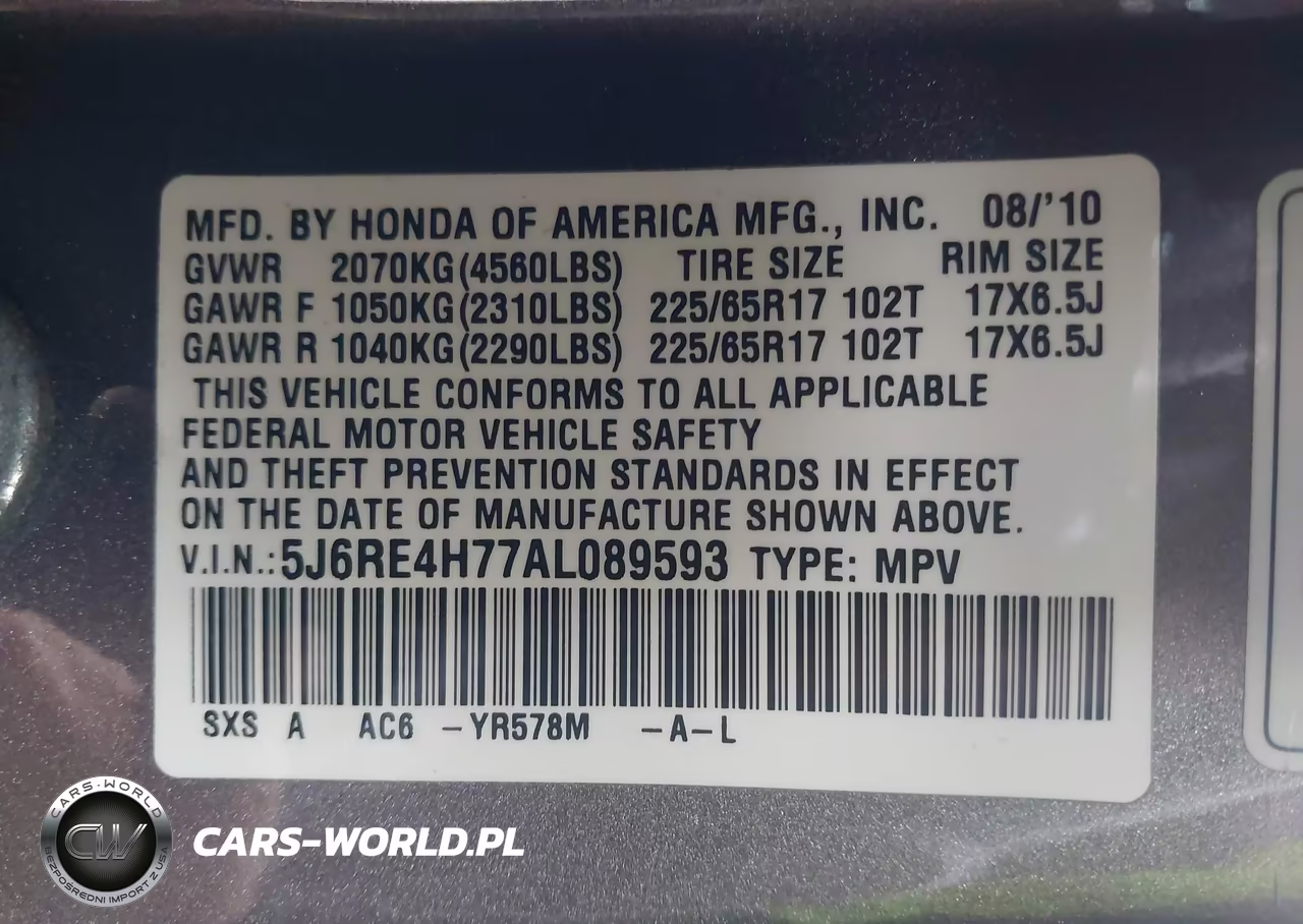 2010 Honda Cr-V Ex-L VIN:5J6RE4H77AL089593 - 9