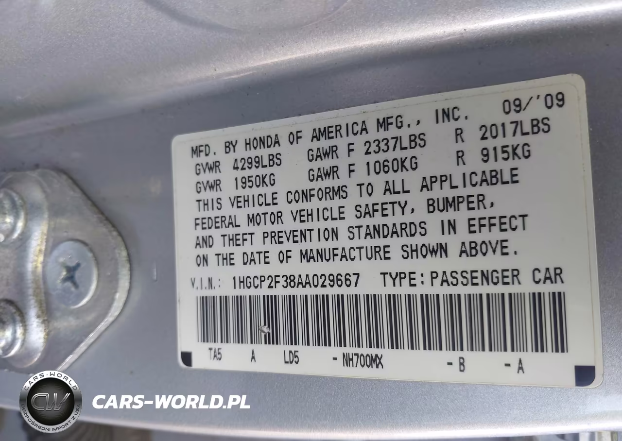 2010 Honda Accord 2.4 Lx VIN:1HGCP2F38AA029667 - 9