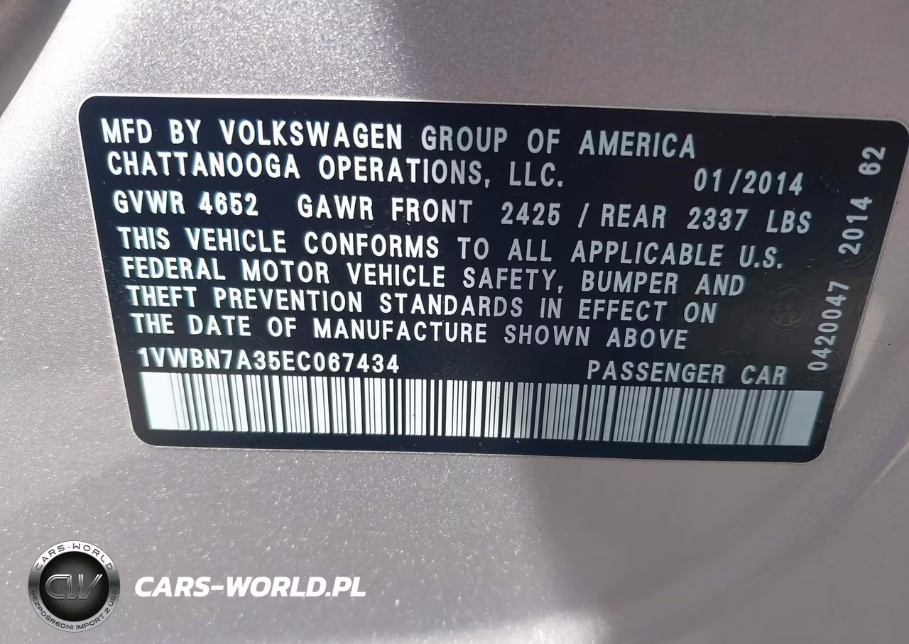 2014 Volkswagen Passat 2.0L Tdi Se VIN:1VWBN7A35EC067434 - 9