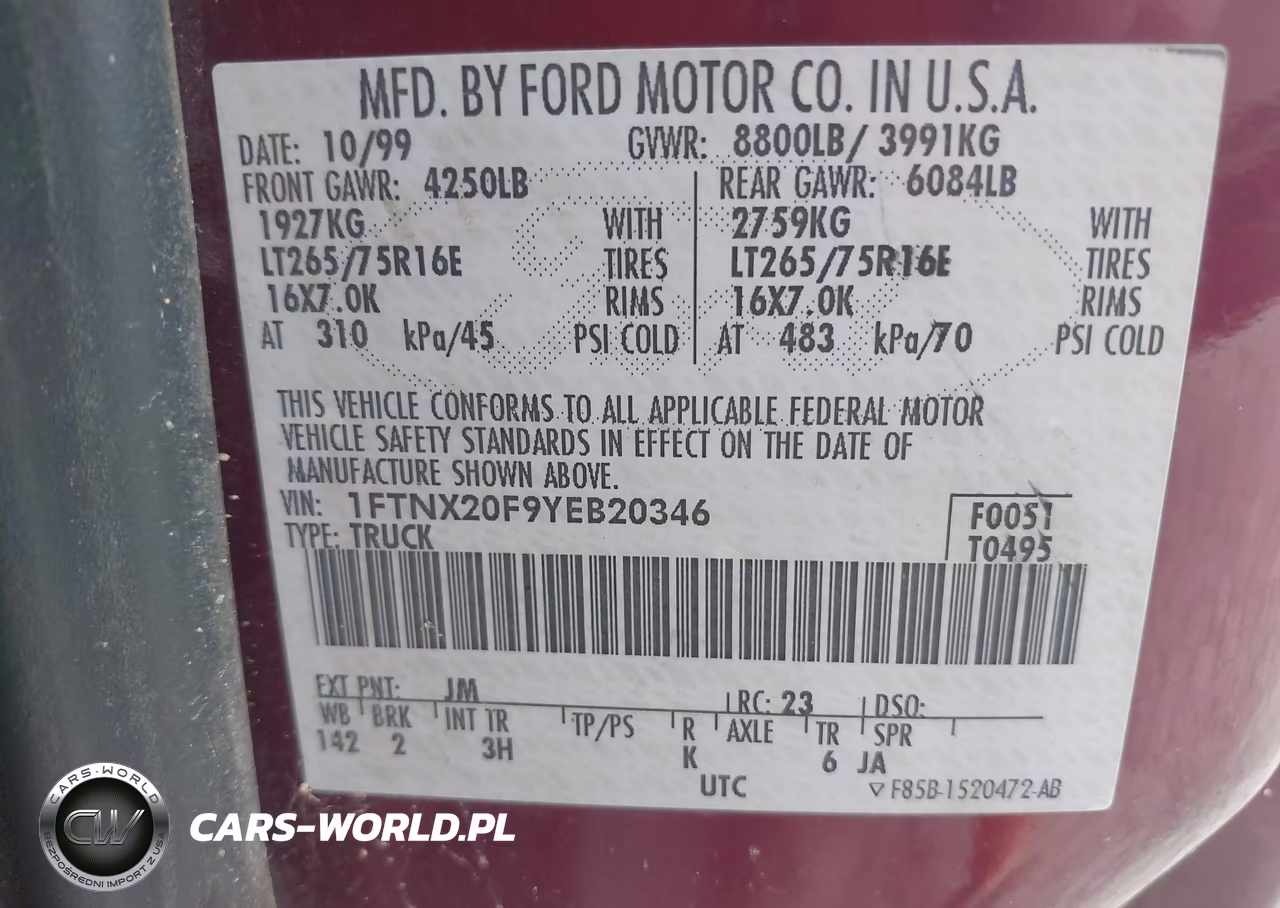2000 Ford F-250 Lariat-Xl-Xlt VIN:1FTNX20F9YEB20346 - 9