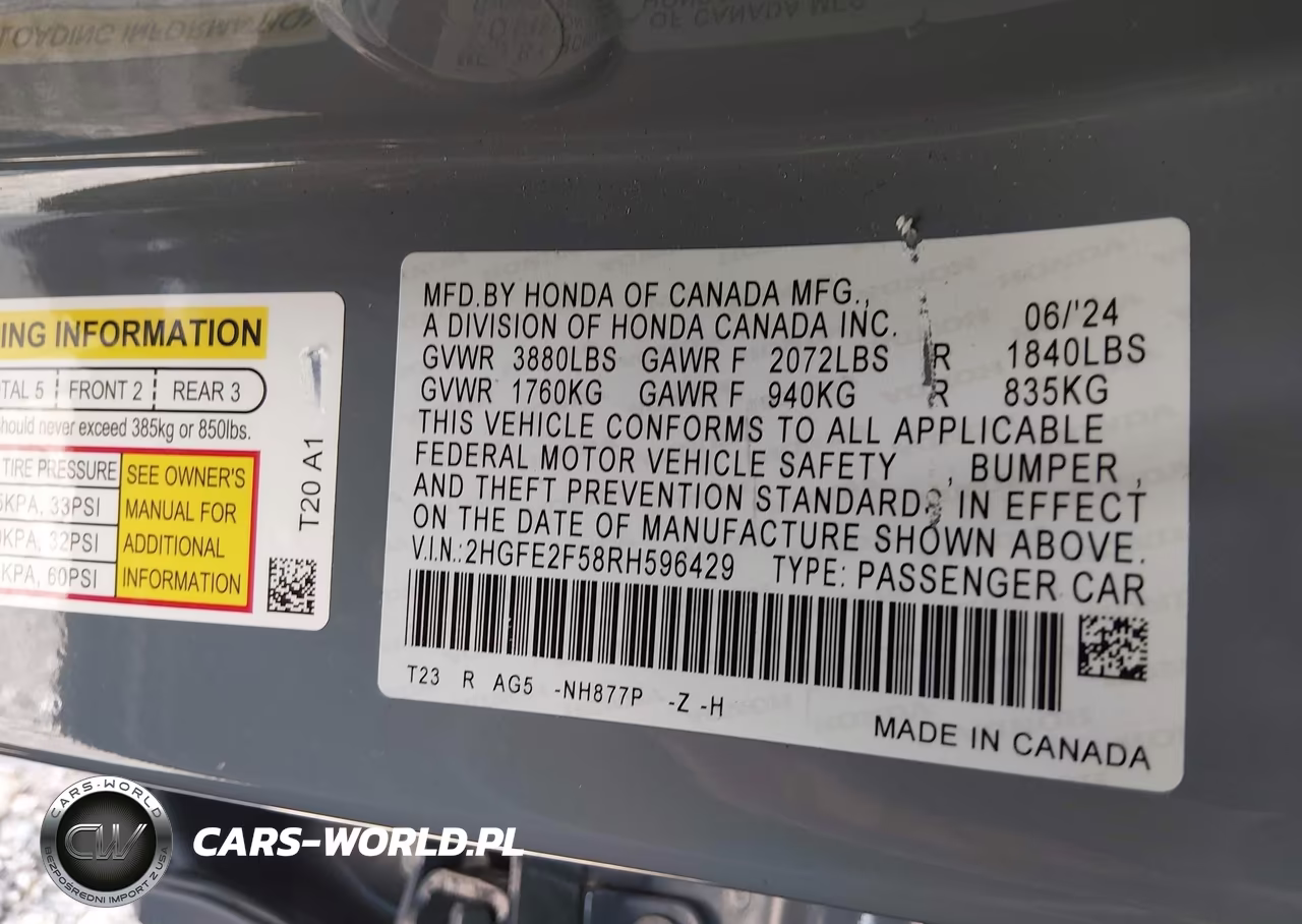 2024 Honda Civic Sport VIN:2HGFE2F58RH596429 - 9