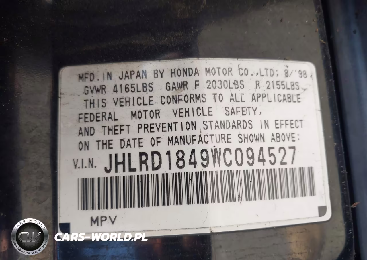1998 Honda Cr-V Lx VIN:JHLRD1849WC094527 - 9