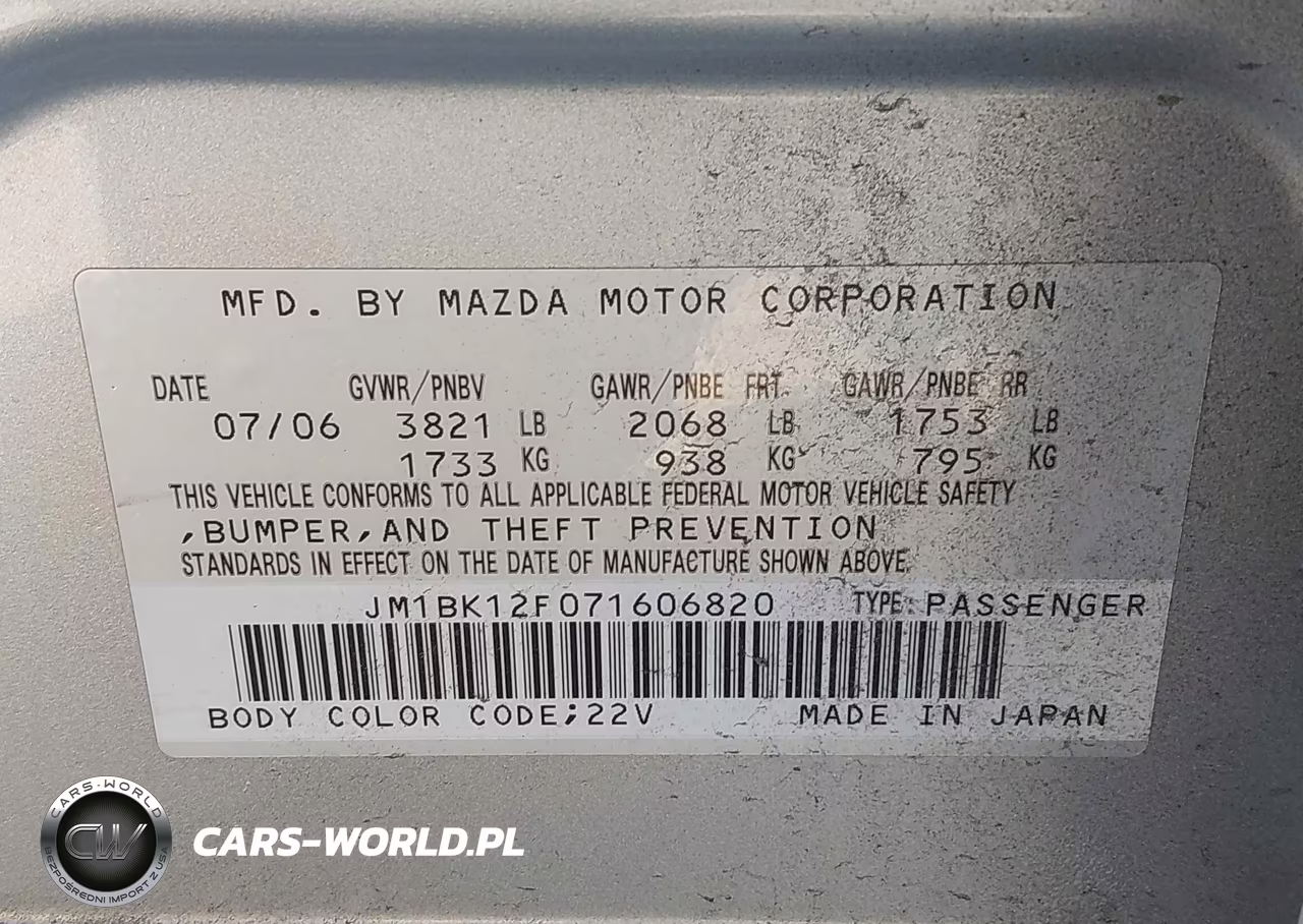 2007 Mazda Mazda3 I VIN:JM1BK12F071606820 - 9