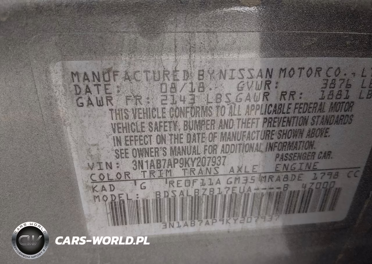 NISSAN SENTRA S VIN:3N1AB7AP9KY207937 - 9
