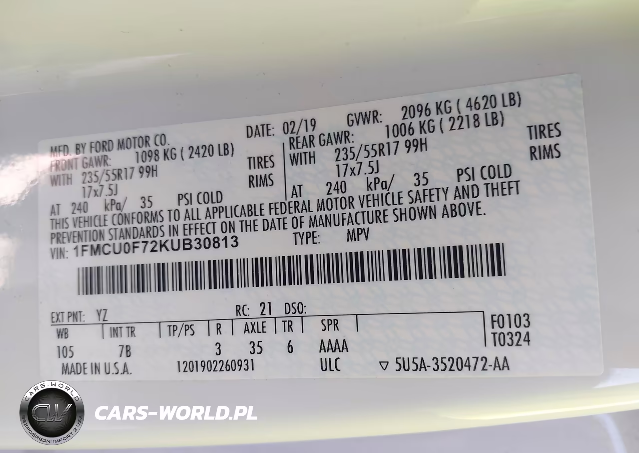 2019 Ford Escape S VIN:1FMCU0F72KUB30813 - 9