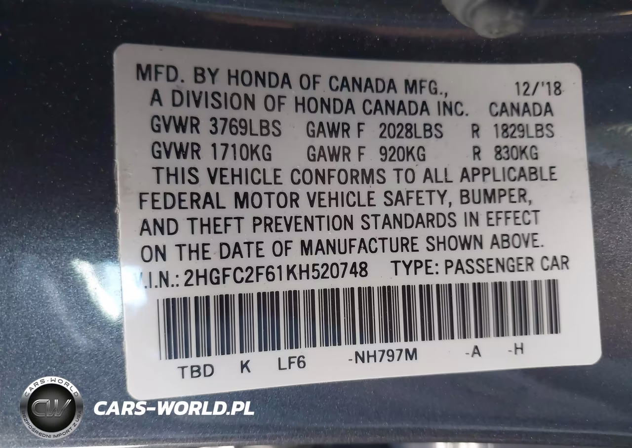 2019 Honda Civic Lx VIN:2HGFC2F61KH520748 - 9