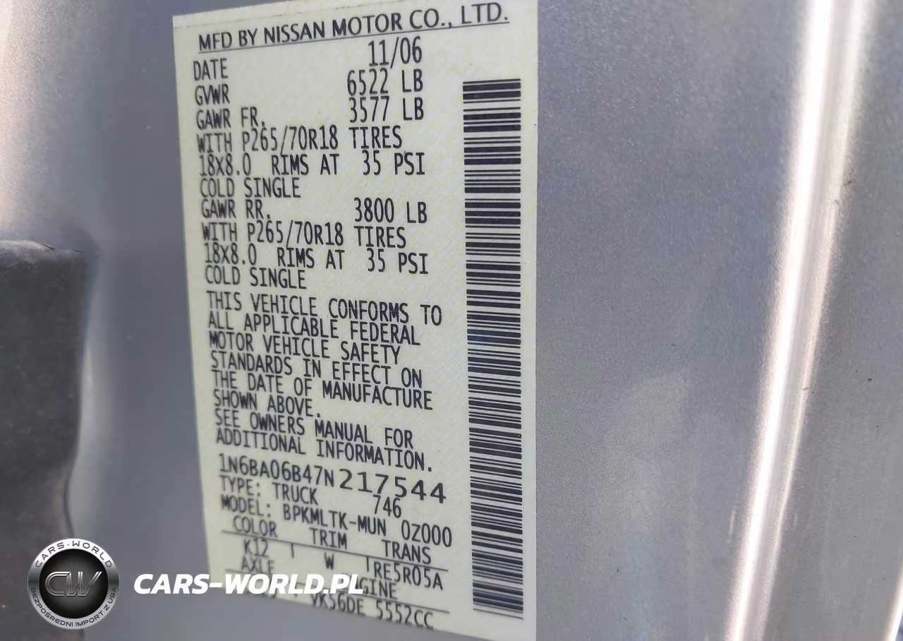 2007 Nissan Titan Se VIN:1N6BA06B47N217544 - 9