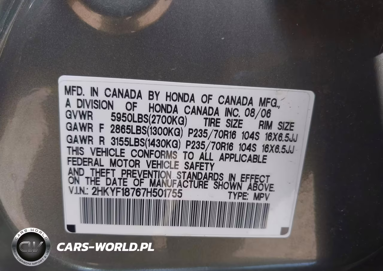 2007 Honda Pilot Ex-L VIN:2HKYF18767H501755 - 9