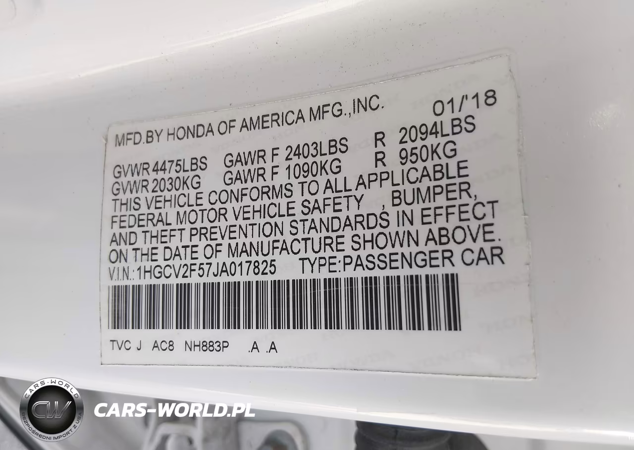 2018 Honda Accord Ex-L 2.0T VIN:1HGCV2F57JA017825 - 9