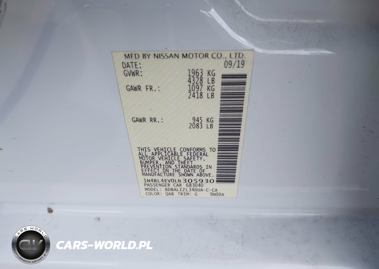 2020 Nissan Altima Sl Fwd VIN:1N4BL4EV0LN305930 - 9