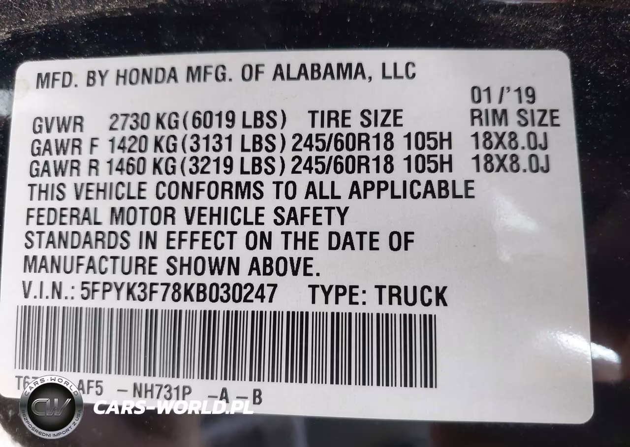 2019 Honda Ridgeline Rtl-E VIN:5FPYK3F78KB030247 - 9