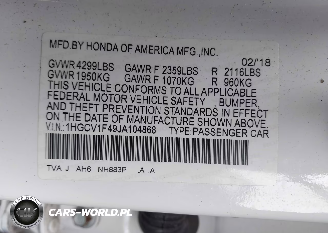2018 Honda Accord Ex VIN:1HGCV1F49JA104868 - 9