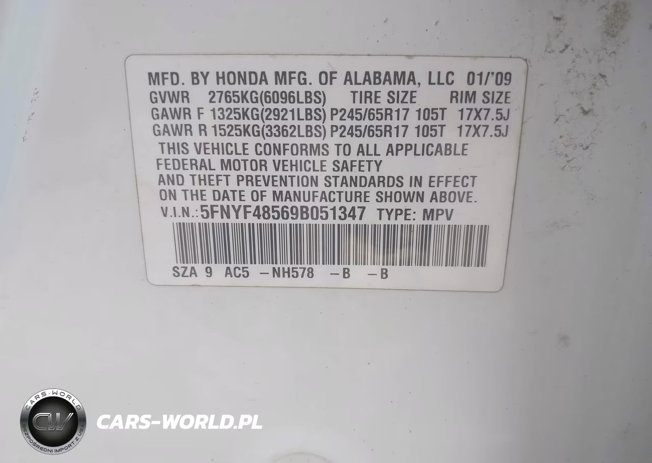 2009 Honda Pilot Ex-L VIN:5FNYF48569B051347 - 9
