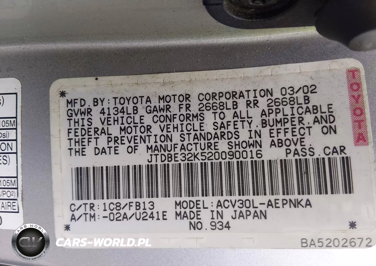 2002 Toyota Camry Le VIN:JTDBE32K520090016 - 9