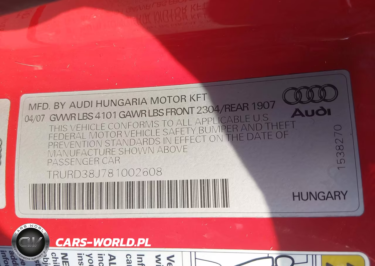 2008 Audi Tt 3.2 VIN:TRURD38J781002608 - 9