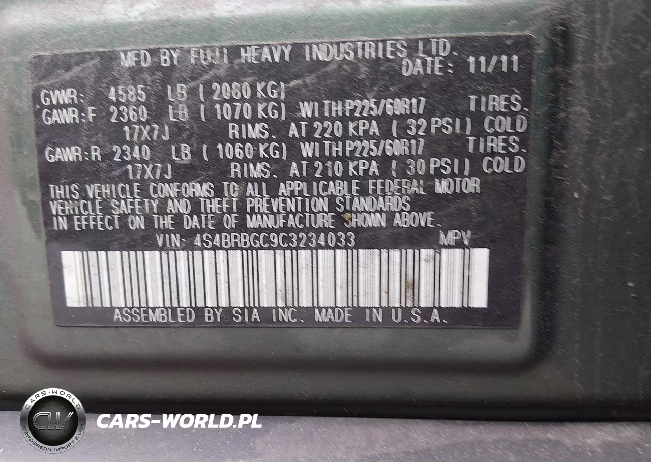 2012 Subaru Outback 2.5I Premium VIN:4S4BRBGC9C3234033 - 9
