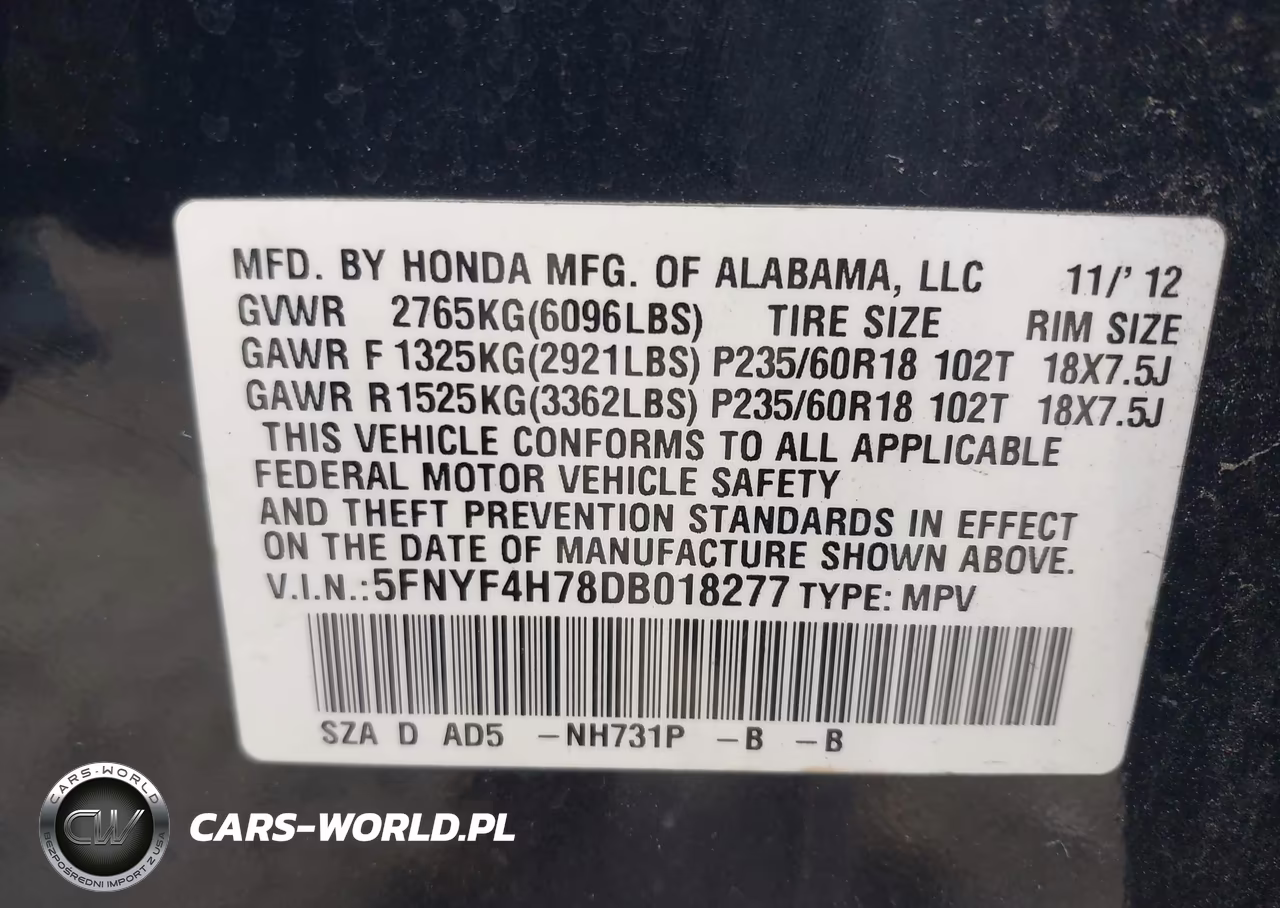 2013 Honda Pilot Ex-L VIN:5FNYF4H78DB018277 - 9