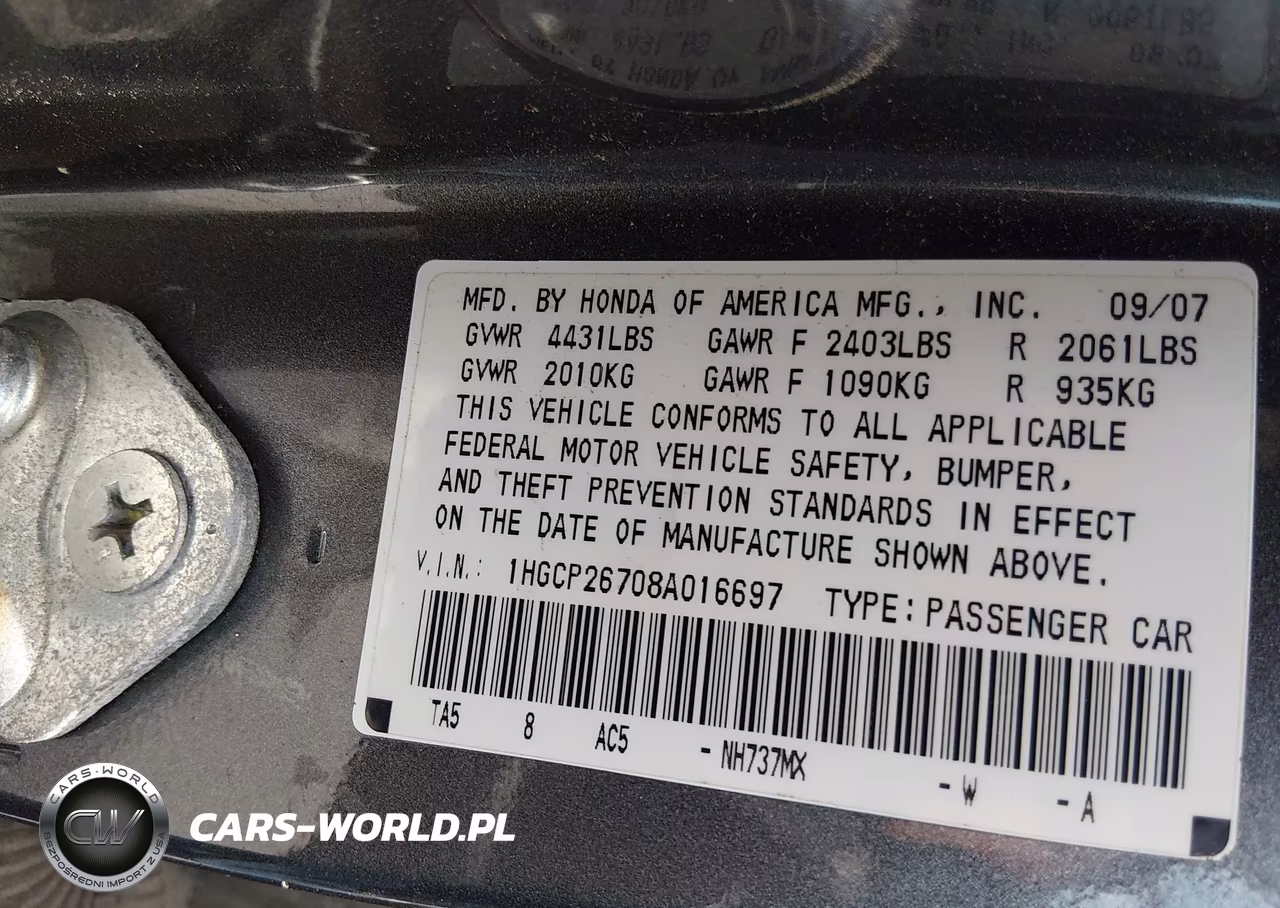 2008 Honda Accord 2.4 Ex VIN:1HGCP26708A016697 - 9