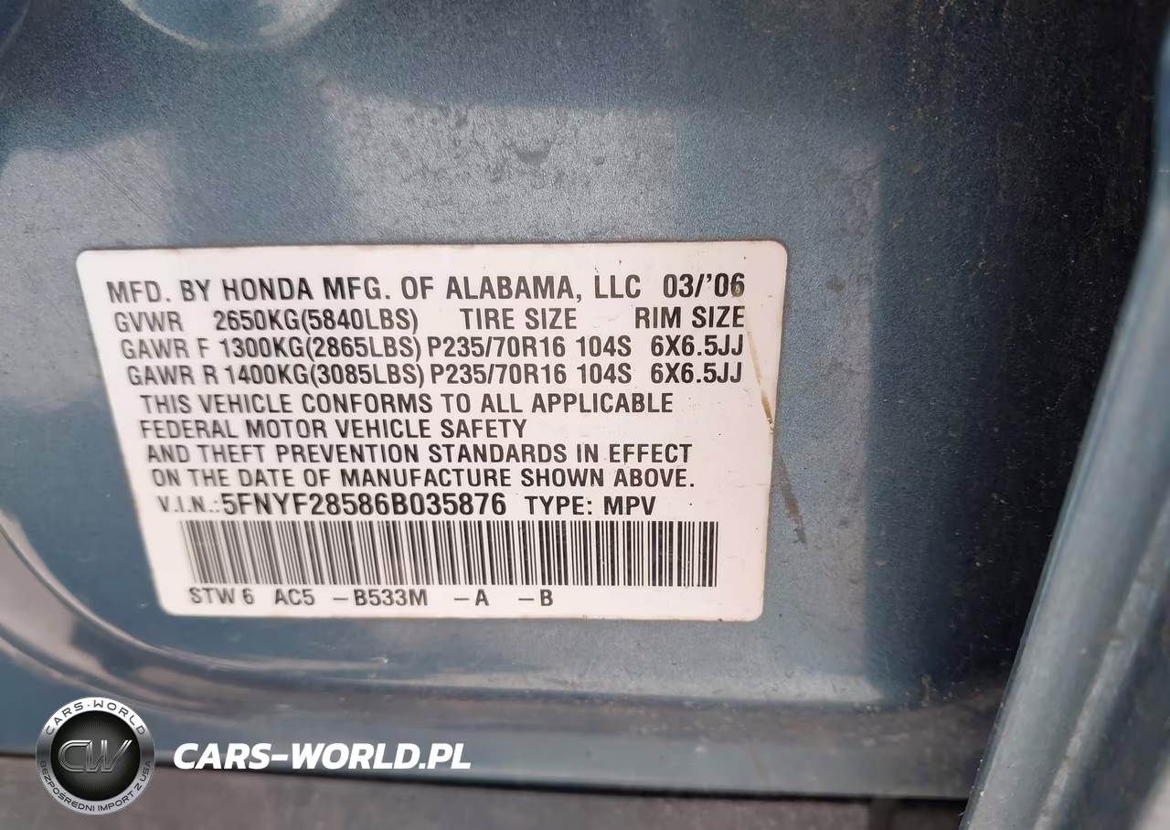 2006 Honda Pilot Ex-L VIN:5FNYF28586B035876 - 9