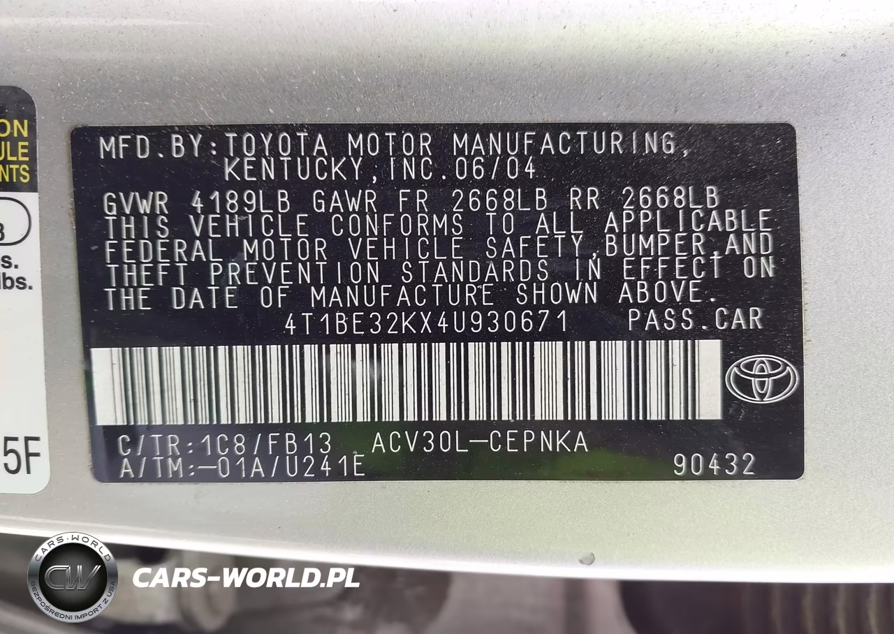 2004 Toyota Camry Le VIN:4T1BE32KX4U930671 - 9