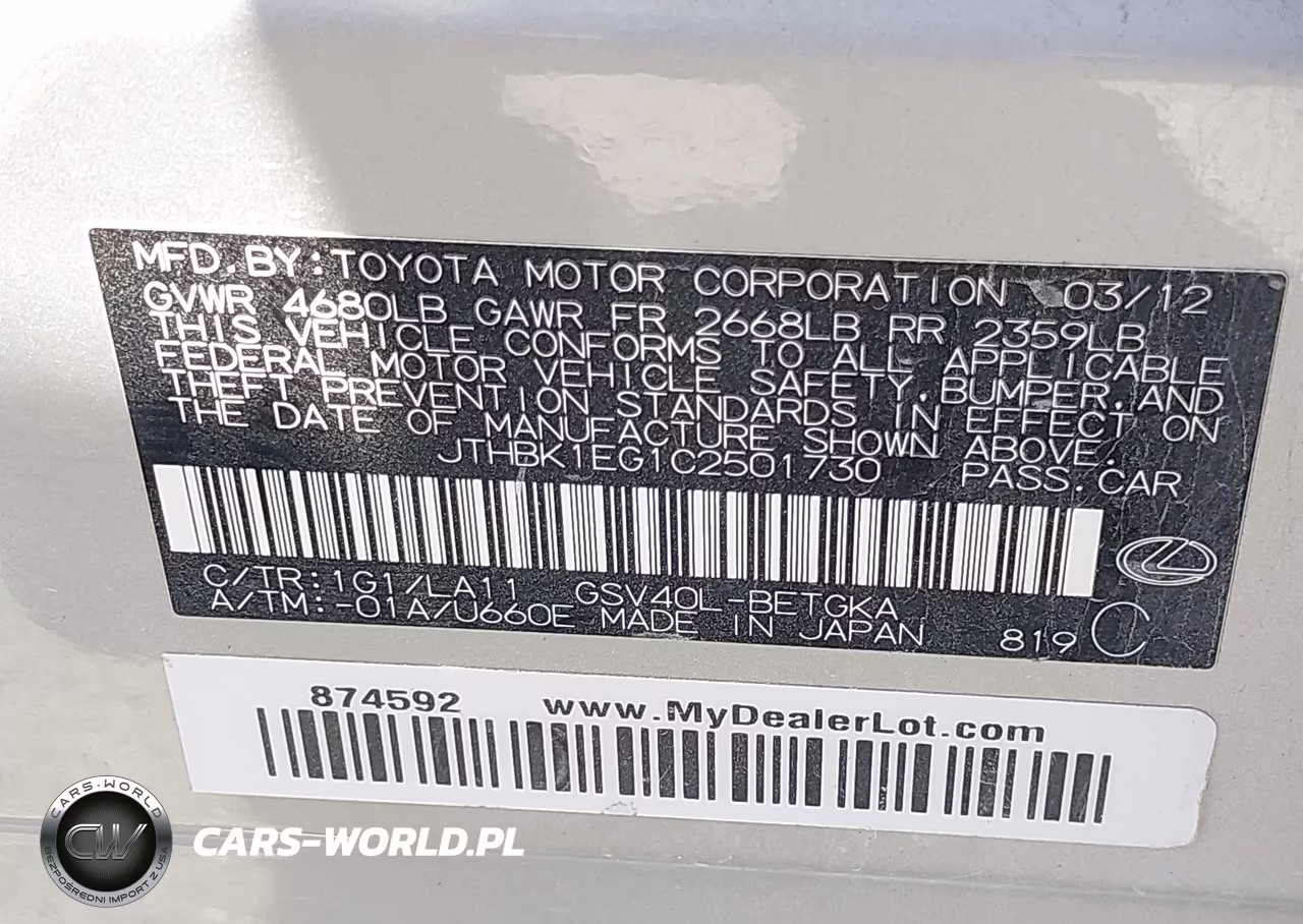 2012 Lexus Es 350 VIN:JTHBK1EG1C2501730 - 9