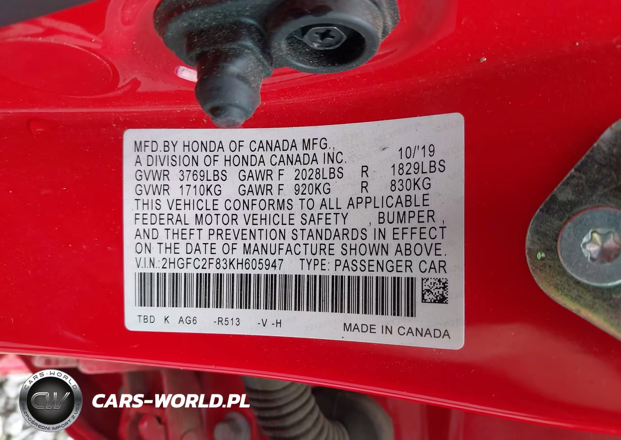 2019 Honda Civic Sport VIN:2HGFC2F83KH605947 - 9