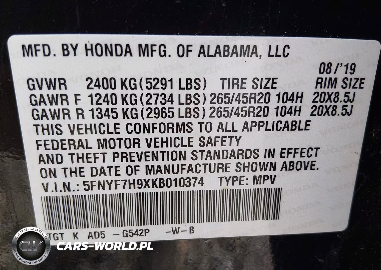 2019 Honda Passport Touring VIN:5FNYF7H9XKB010374 - 9