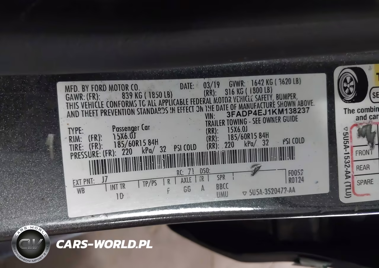 FORD FIESTA SE VIN:3FADP4EJ1KM138237 - 9