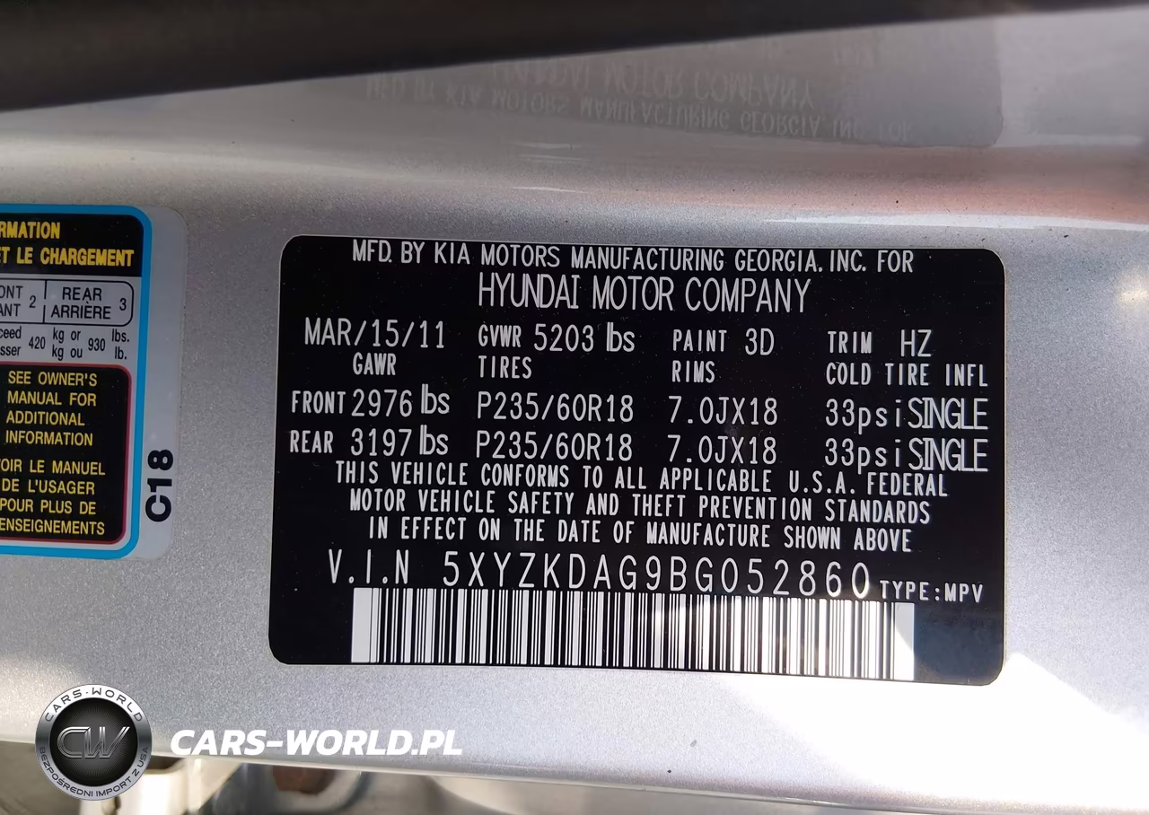 2011 Hyundai Santa Fe Limited V6 VIN:5XYZKDAG9BG052860 - 9