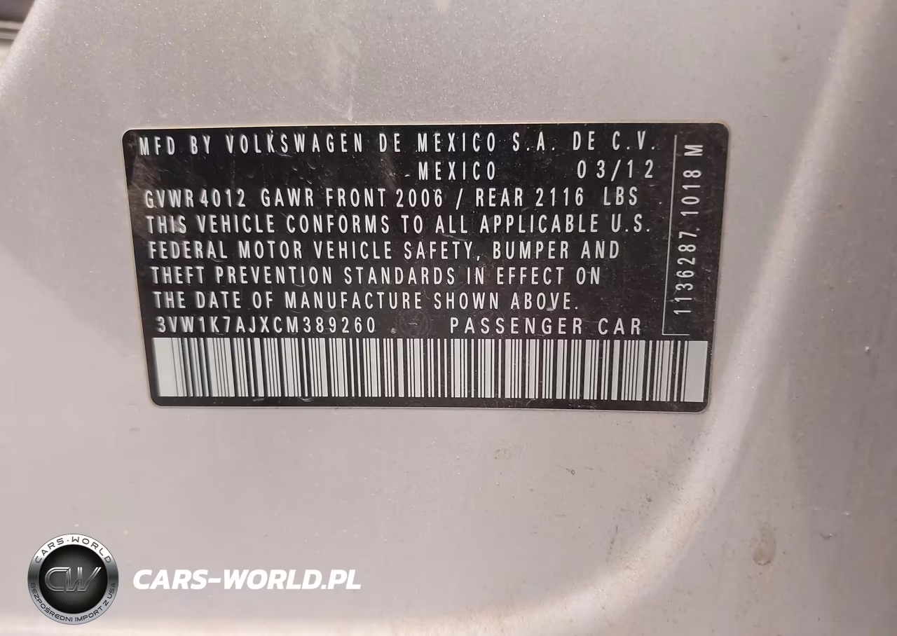 2012 Volkswagen Jetta 2.0L S VIN:3VW1K7AJXCM389260 - 9