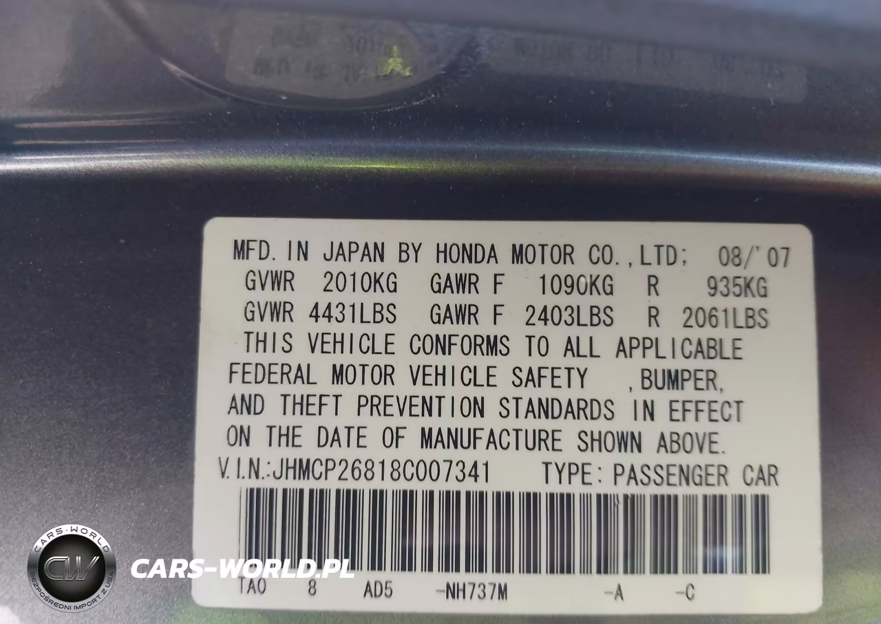 HONDA ACCORD EXL VIN:JHMCP26818C007341 - 9