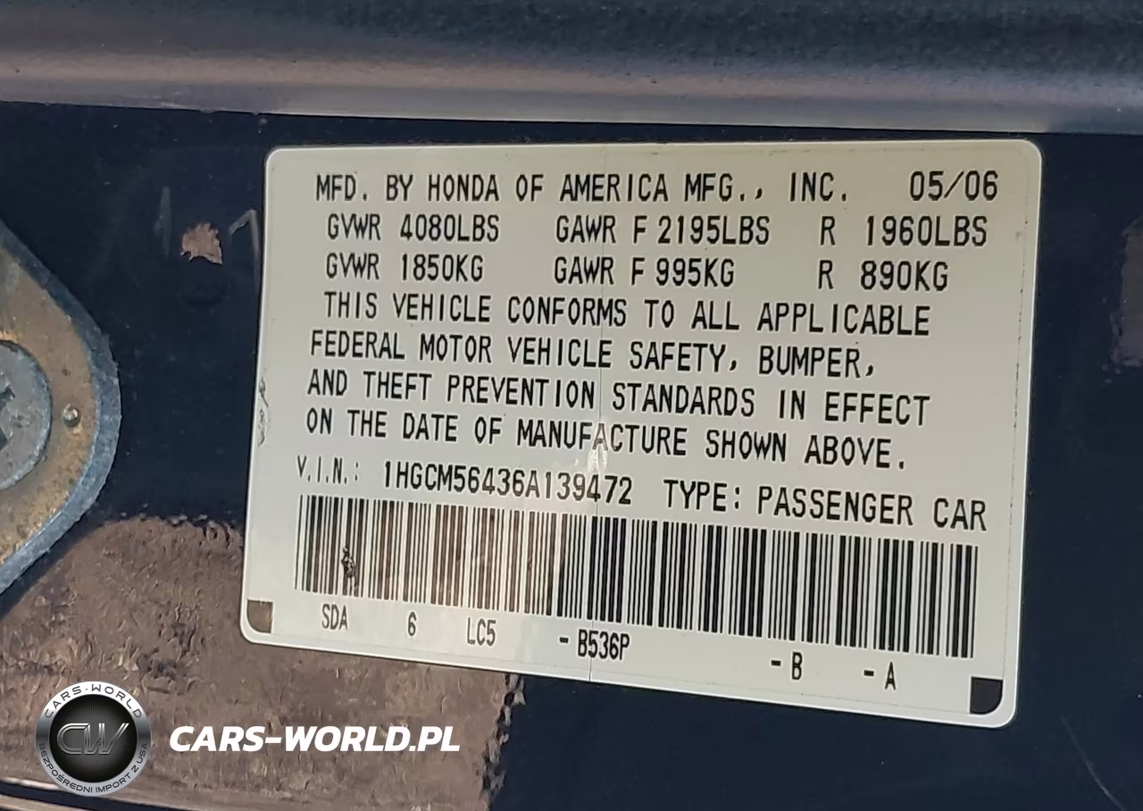 2006 Honda Accord 2.4 Lx VIN:1HGCM56436A139472 - 9
