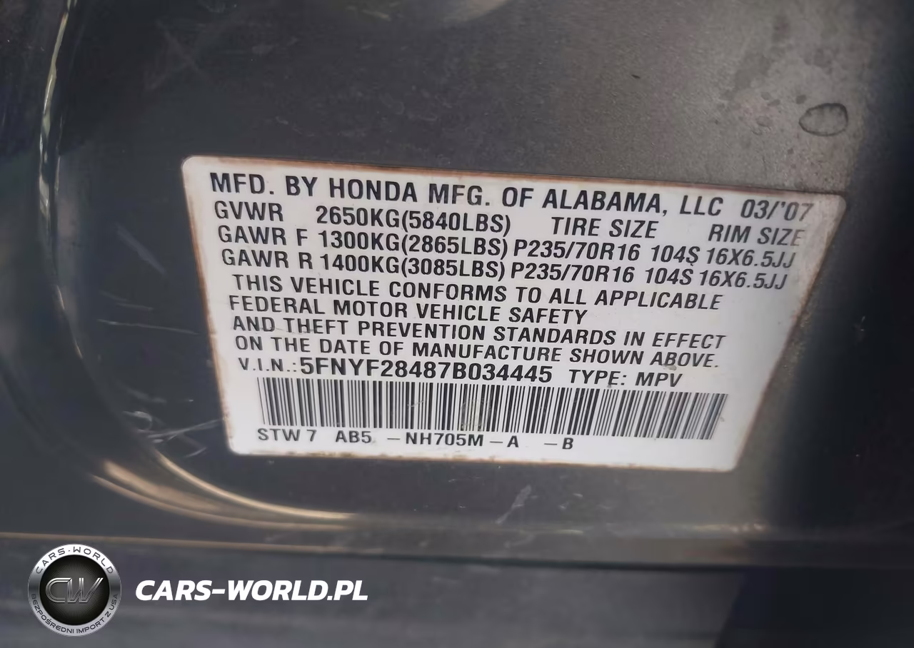 2007 Honda Pilot Ex VIN:5FNYF28487B034445 - 9