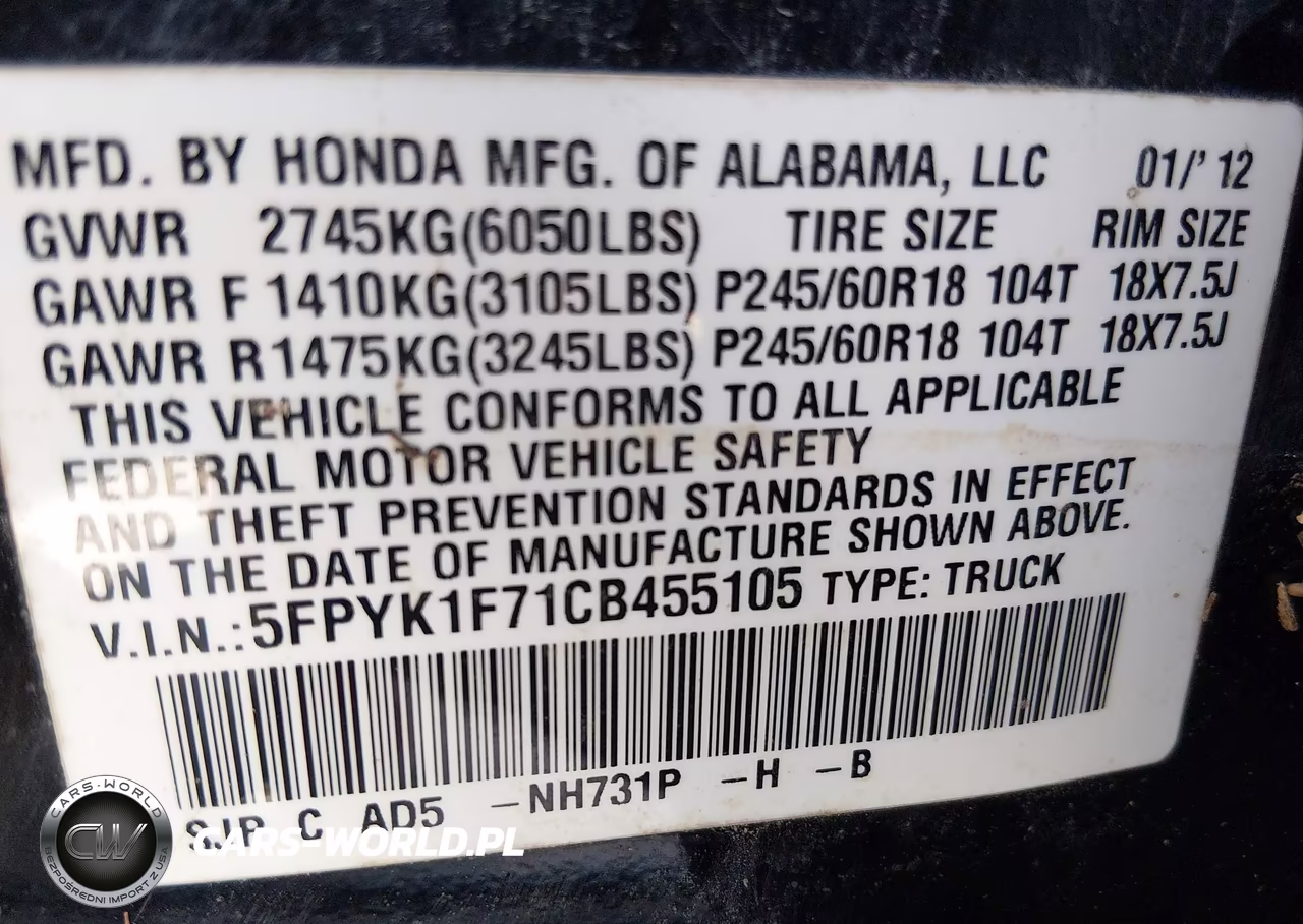 2012 Honda Ridgeline Sport VIN:5FPYK1F71CB455105 - 9