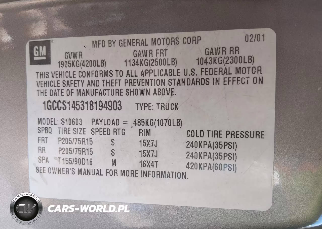 2001 Chevrolet S-10 VIN:1GCCS145318194903 - 9