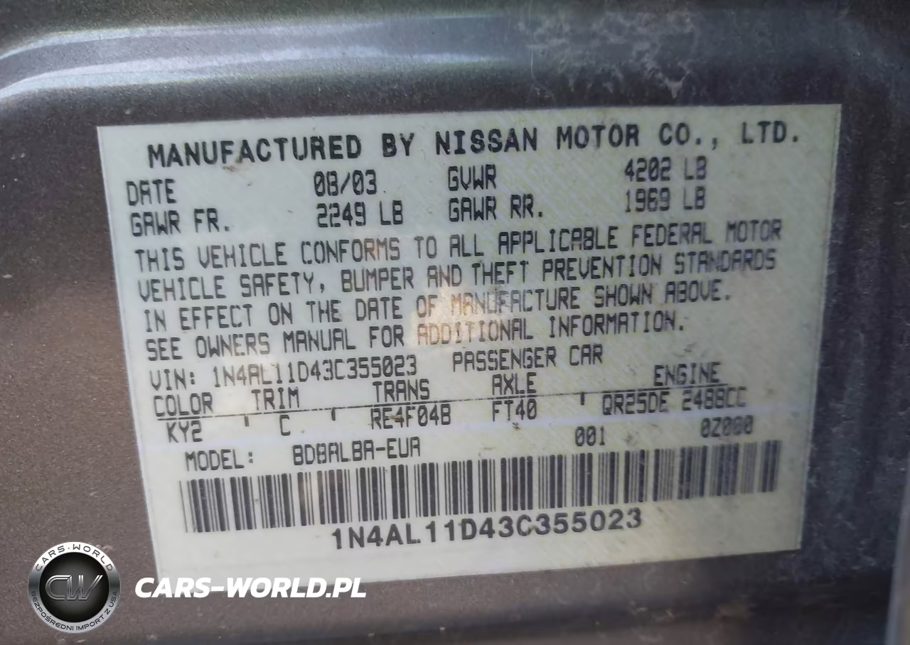2003 Nissan Altima 2.5 S VIN:1N4AL11D43C355023 - 9