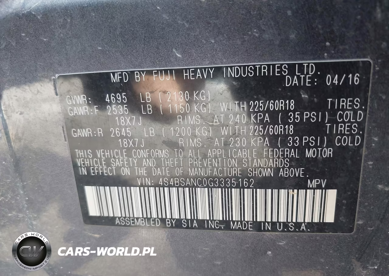 2016 Subaru Outback 2.5I Limited VIN:4S4BSANC0G3335162 - 9