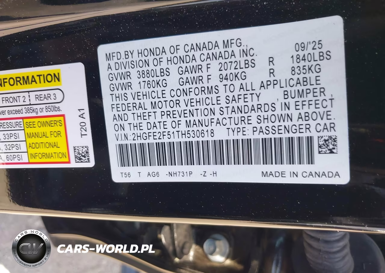 2026 Honda Civic Sport VIN:2HGFE2F51TH530618 - 9