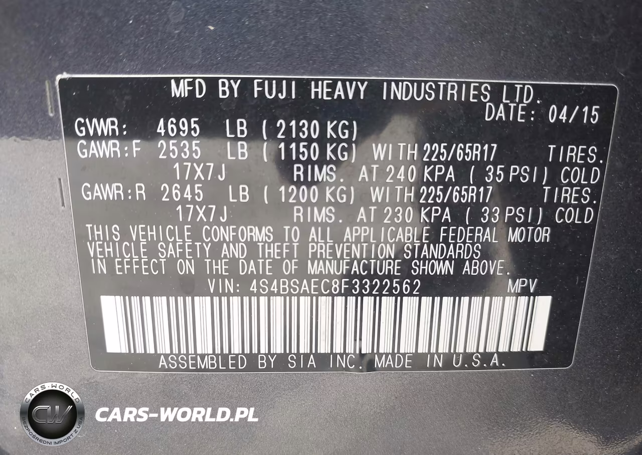 2015 Subaru Outback 2.5I Premium VIN:4S4BSAEC8F3322562 - 9