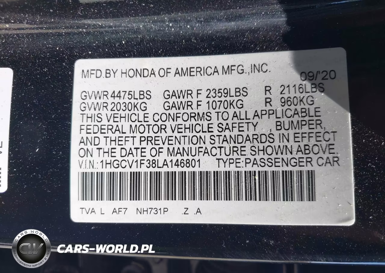 2020 Honda Accord Sport VIN:1HGCV1F38LA146801 - 9