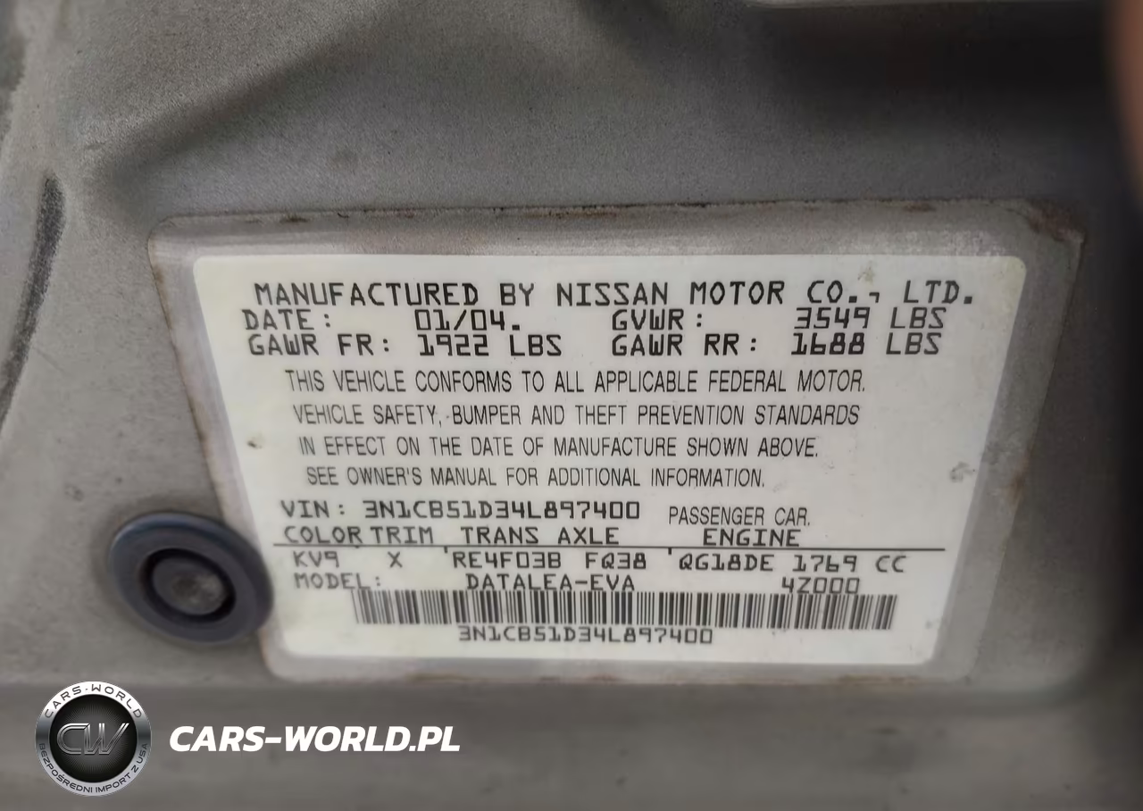 2004 Nissan Sentra 1.8S VIN:3N1CB51D34L897400 - 9
