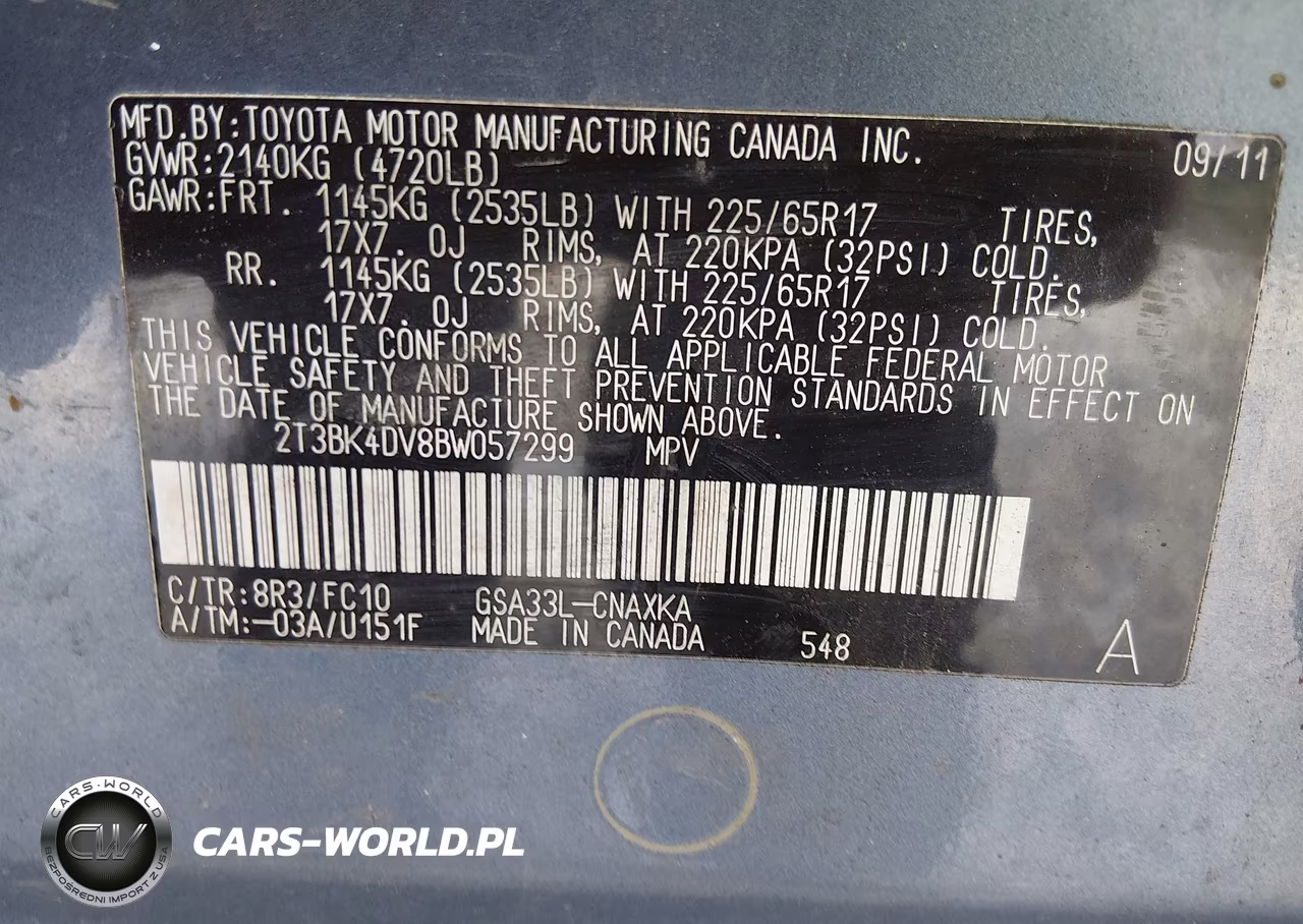 2011 Toyota Rav4 Base V6 VIN:2T3BK4DV8BW057299 - 9