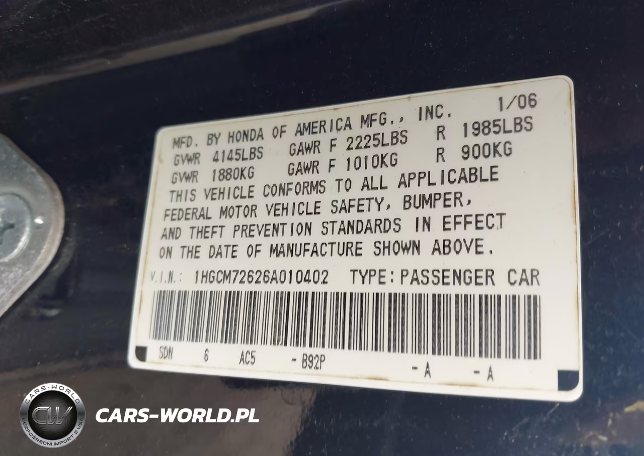 2006 Honda Accord 2.4 Ex VIN:1HGCM72626A010402 - 9