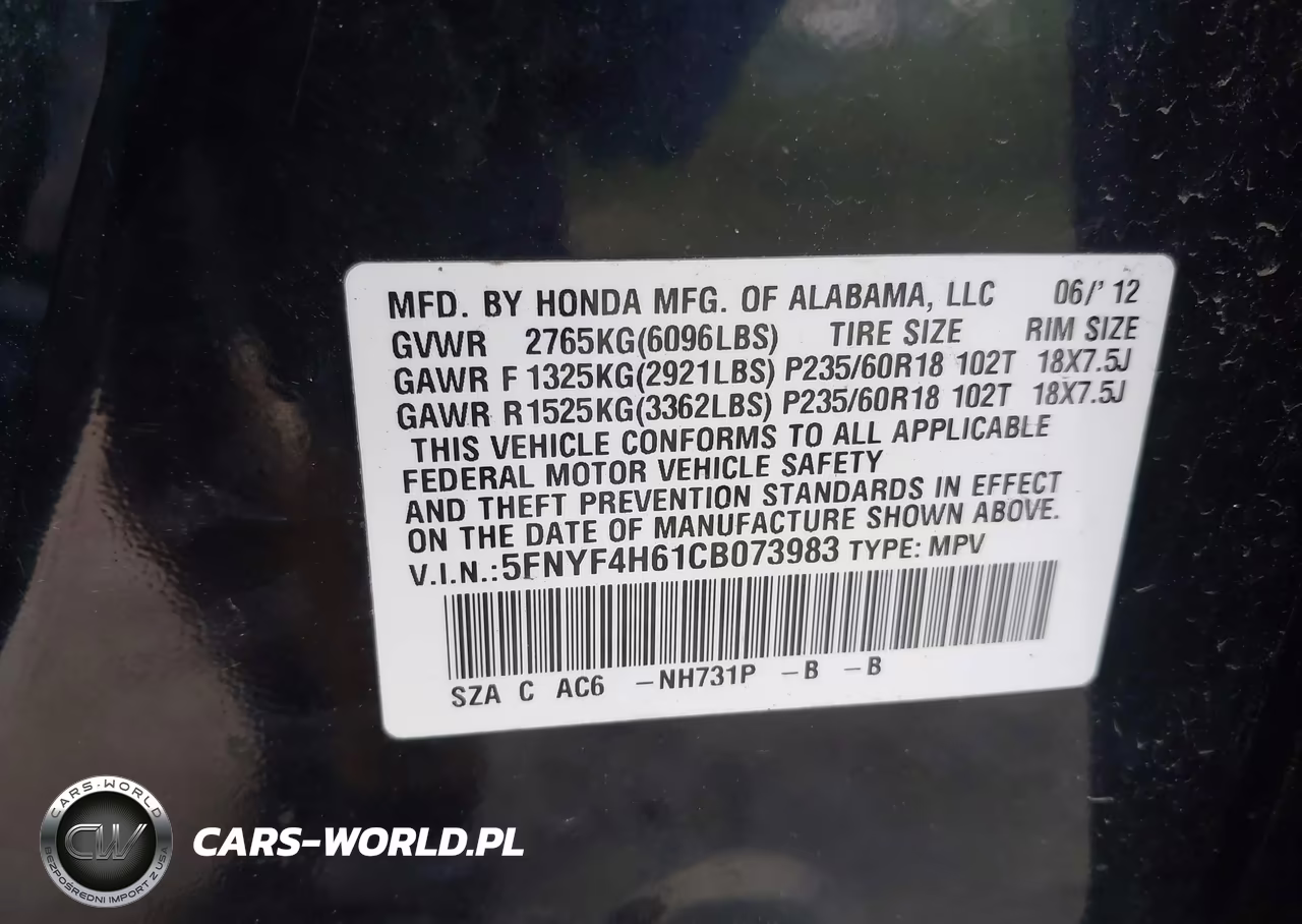 2012 Honda Pilot Ex-L VIN:5FNYF4H61CB073983 - 9