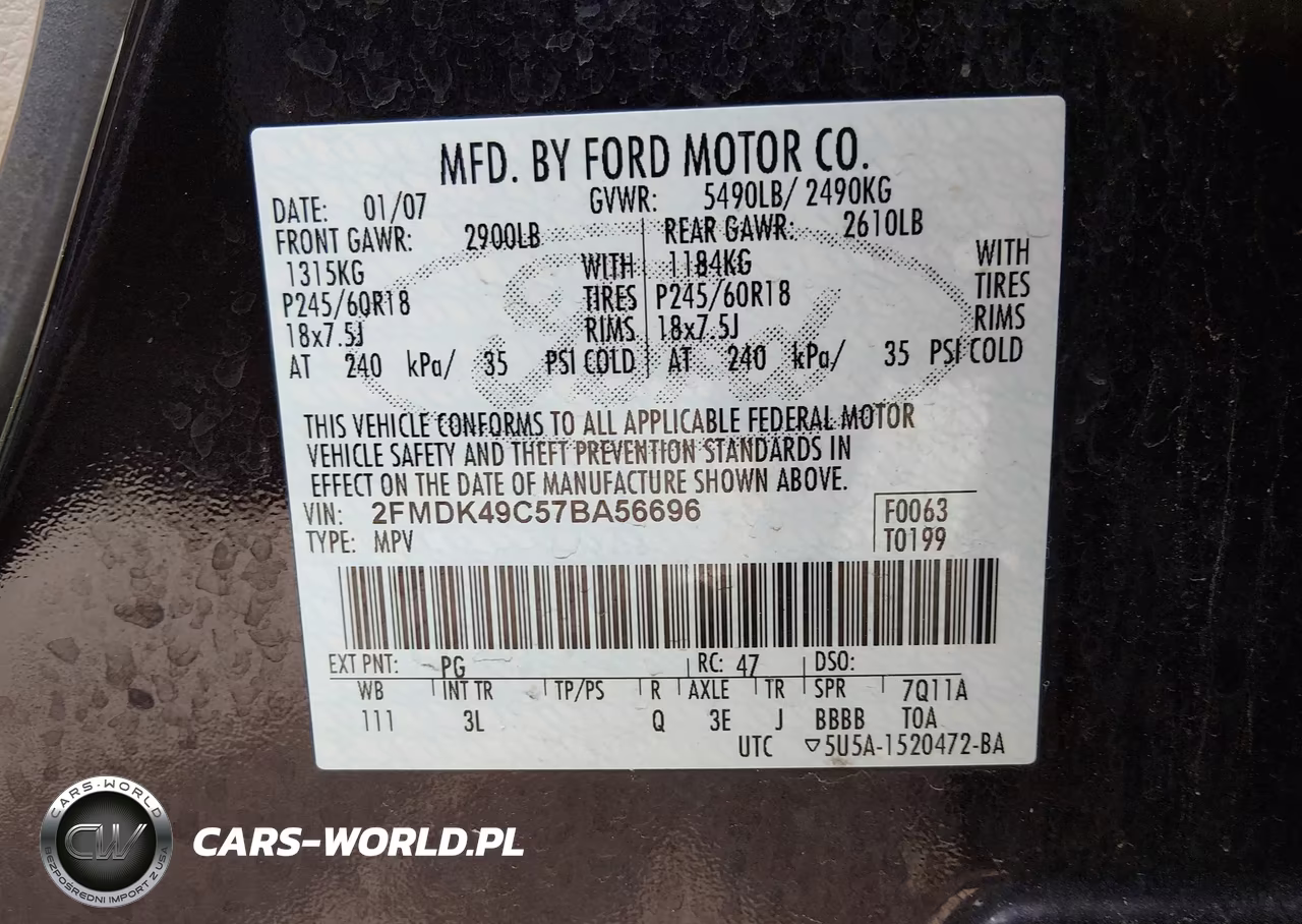 2007 Ford Edge Sel Plus VIN:2FMDK49C57BA56696 - 9