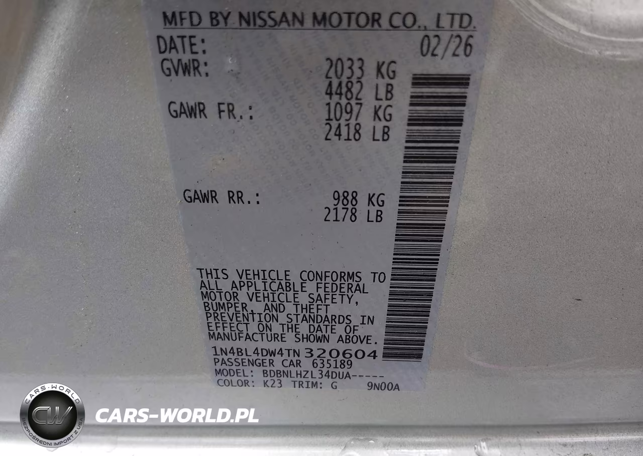 2026 Nissan Altima Sv Awd VIN:1N4BL4DW4TN320604 - 9